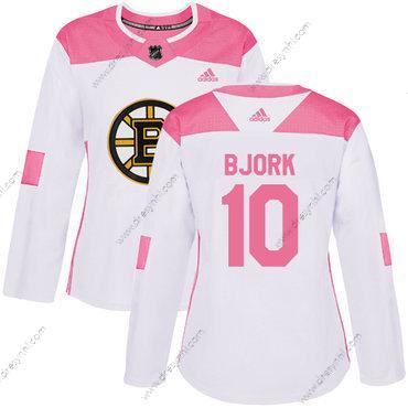 Adidas Boston Bruins #10 Anders Bjork Bílý Růžový Autentické Sešitý NHL dres – Dámské