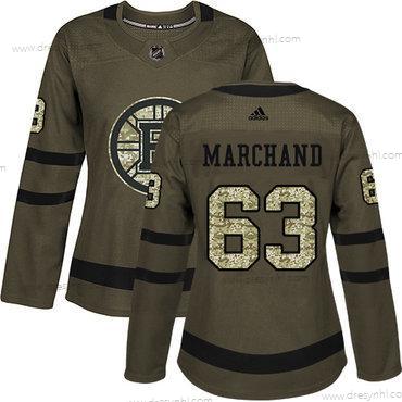 Adidas Boston Bruins #63 Brad Marchand Zelená Salute to Service Sešitý NHL dres – Dámské