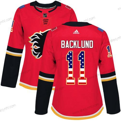 Adidas Calgary Flames #11 Mikael Backlund Červené Domácí dres Autentické USA Flag Sešitý NHL dres – Dámské