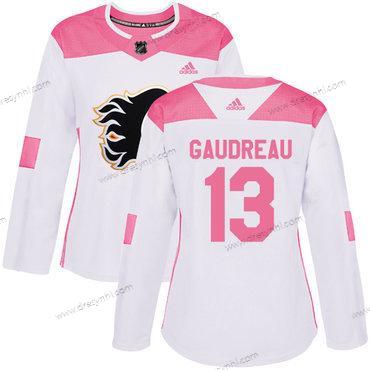 Adidas Calgary Flames #13 Johnny Gaudreau Bílý Růžový Autentické Sešitý NHL dres – Dámské