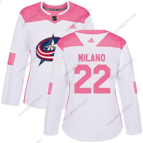 Adidas Columbus Blue Jackets #22 Sonny Milano Bílý Růžový Autentické Sešitý NHL dres – Dámské