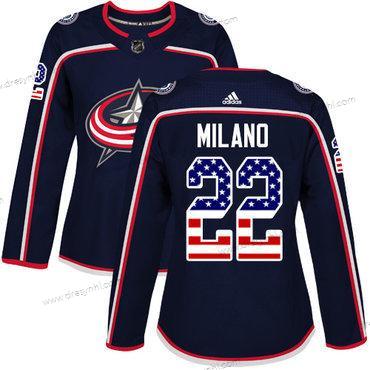 Adidas Columbus Blue Jackets #22 Sonny Milano Námořnictvo Modrý Domácí dres Autentické USA Flag Sešitý NHL dres – Dámské