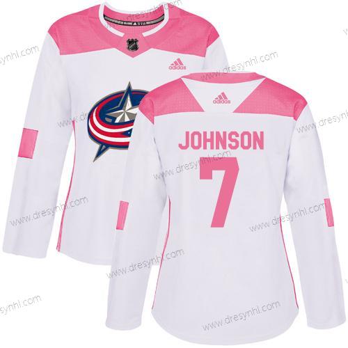 Adidas Columbus Blue Jackets #7 Jack Johnson Bílý Růžový Autentické Sešitý NHL dres – Dámské