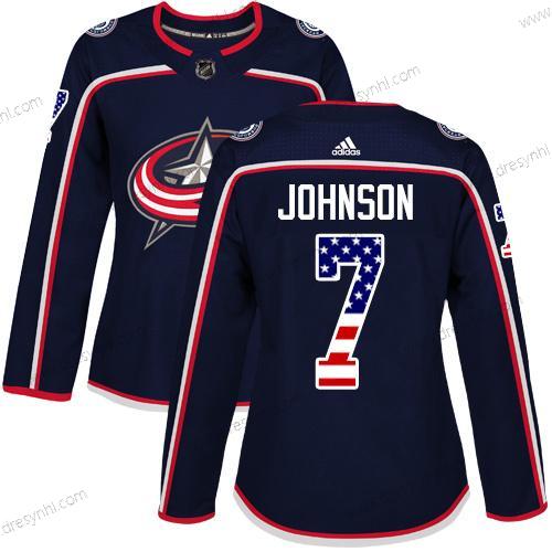 Adidas Columbus Blue Jackets #7 Jack Johnson Námořnictvo Modrý Domácí dres Autentické USA Flag Sešitý NHL dres – Dámské