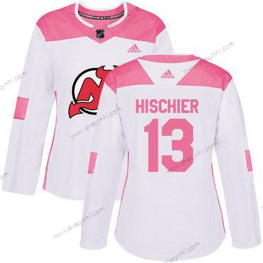 Adidas New Jersey Devils #13 Nico Hischier Bílý Růžový Autentické Sešitý NHL dres – Dámské