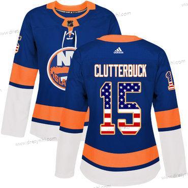 Adidas New York Islanders #15 Cal Clutterbuck Royal Modrý Domácí dres Autentické USA Flag Sešitý NHL dres – Dámské