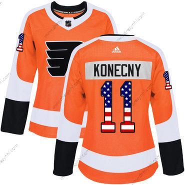 Adidas Philadelphia Flyers #11 Travis Konecny Oranžová Domácí dres Autentické USA Flag Sešitý NHL dres – Dámské