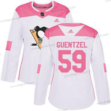 Adidas Pittsburgh Penguins #59 Jake Guentzel Bílý Růžový Autentické Sešitý NHL dres – Dámské