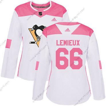 Adidas Pittsburgh Penguins #66 Mario Lemieux Bílý Růžový Autentické Sešitý NHL dres – Dámské