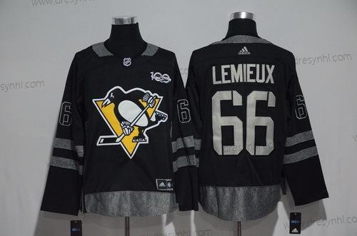 Adidas Pittsburgh Penguins #66 Mario Lemieux Černá 100th Výročí Sešitý NHL 2017 Hokejový dres – Pánské