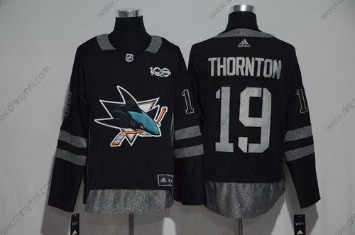 Adidas San Jose Sharks #19 Joe Thornton Černá 100th Výročí Sešitý NHL 2017 Hokejový dres – Pánské