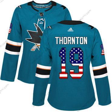 Adidas San Jose Sharks #19 Joe Thornton Modrozelená Domácí dres Autentické USA Flag Sešitý NHL dres – Dámské