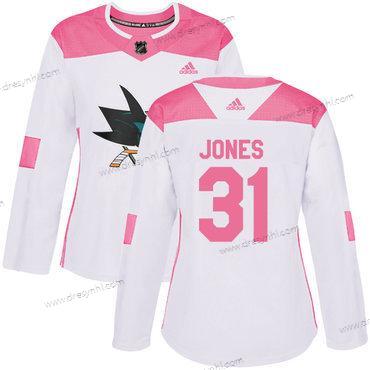 Adidas San Jose Sharks #31 Martin Jones Bílý Růžový Autentické Sešitý NHL dres – Dámské