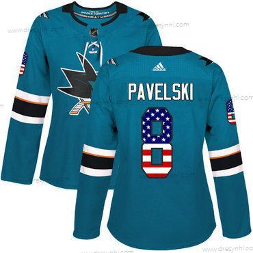 Adidas San Jose Sharks #8 Joe Pavelski Modrozelená Domácí dres Autentické USA Flag Sešitý NHL dres – Dámské