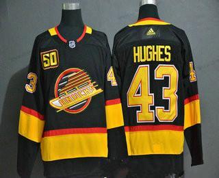 Adidas Vancouver Canucks #43 Quinn Hughes Černá 50Th Sezóna Sešitý NHL dres – Pánské