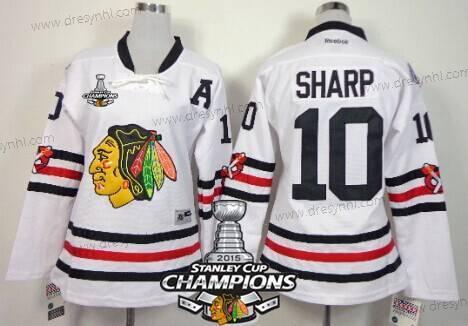 Chicago Blackhawks #10 Patrick Sharp 2015 Zimní Klasický Bílý dres W/2015 Stanley Cup Champion Patch – Dámské