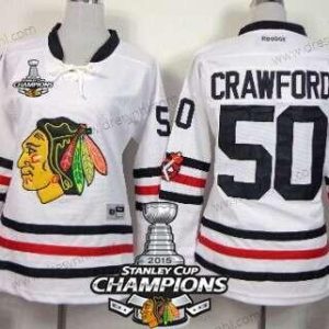 Chicago Blackhawks #50 Corey Crawford 2015 Zimní Klasický Bílý dres W/2015 Stanley Cup Champion Patch – Dámské