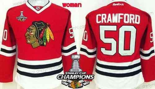 Chicago Blackhawks #50 Corey Crawford Červené dres W/2015 Stanley Cup Champion Patch – Dámské