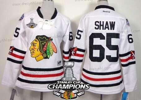 Chicago Blackhawks #65 Andrew Shaw 2015 Zimní Klasický Bílý dres W/2015 Stanley Cup Champion Patch – Dámské