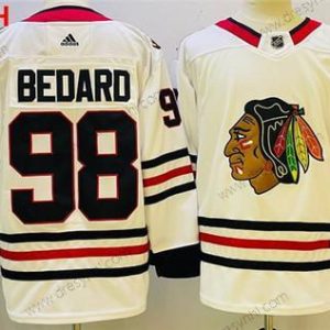 Chicago Blackhawks #98 Connor Bedard Bílý Černá Sešitý dres – Juniorské