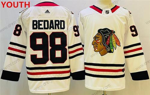 Chicago Blackhawks #98 Connor Bedard Bílý Černá Sešitý dres – Juniorské