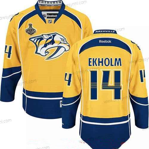 Nashville Predators #14 Mattias Ekholm Žlutá 2017 Stanley Cup Finals Patch Sešitý NHL Reebok Hokejový dres – Pánské