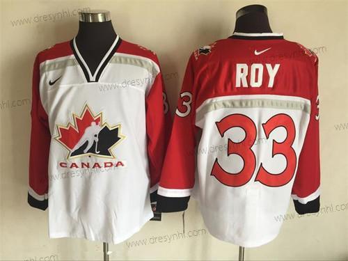 Nike 1998 Tým Kanady #33 Patrick Roy Bílý Olympic Retro Sešitý Hokejový dres – Pánské