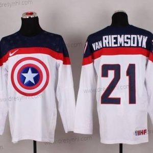 Nike 2015 Tým USA #21 James Van Riemsdyk Captain Amerika Bílý dres – Pánské