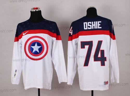 Nike 2015 Tým USA #74 T. J. Oshie Captain Amerika Bílý dres – Pánské