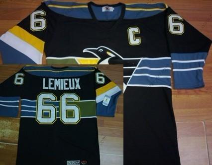 Pittsburgh Penguins #66 Mario Lemieux Černá With Modrý Retro CCM dres – Pánské