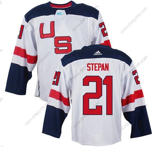 Tým USA #21 Derek Stepan Bílý 2016 World Cup Of Hokejový Game dres – Pánské